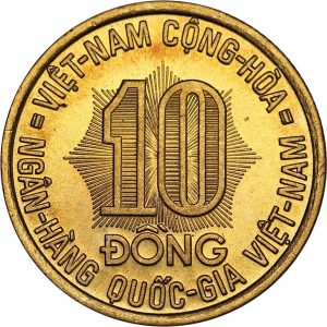 Tiền xu Việt Nam Cộng Hoà 10 đồng nickel 1974 tăng gia sản xuất nông phẩmMặt trước: Chân dung 3 cô gái
Mặt sau: Hình ảnh 2 con rồng
Kích thước: mm
Chất liêu: Aluminium (nhôm)
Độ dầy: mm