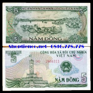 Tiền giấy Việt Nam 5 đồng 1985Mặt trước: Cột cờ cửa Nam Hà Nội
Mặt sau: Cầu Trường Tiền Huế
Khuôn khổ: 128 mm x 63 mm.
Màu sắc: Màu xanh lá trên nền vàng hồng cho cả hai mặt