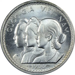 South Viet Nam 20 su Aluminium 1953Mặt trước: Chân dung 3 cô gái
Mặt sau: Hình ảnh 2 con rồng
Chất liệu: Aluminium (nhôm)