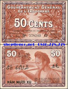 French Indochina 50 Cents 1939 (Thời Pháp thuộc)
P.87  50 Cents 1939 
Khuôn khổ: 105mm x 65mm
Màu sắc: Màu xanh lá và nâu cho cả hai mặt
Mặt trước: Số 50 Cents trên lá hoa sứ
Mặt sau: Phụ nữ miền Bắc gánh nước ở giếng làng
Hoạ sĩ thiết kế: G.Barrière Del.
Nơi in: In tại nhà in Viễn Đông (IDÉO)
Ghi chú: Chất lượng tương tự, có thể khác seri