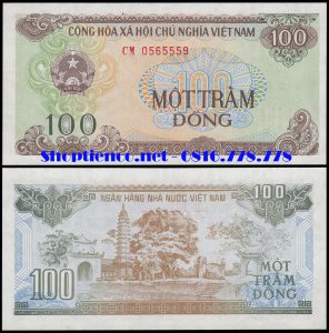 Tiền giấy Việt Nam 100 đồngMặt trước: Quốc huy
Mặt sau: Hình ảnh tháp chùa Phổ Minh ở Nam Định
Khuôn khổ: 120 mm x 60 mm.
Màu sắc: Màu xanh  trên nền nhiều màu cho cả 2 mặt 