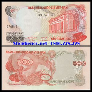 Tiền giấy 500 đồng (Mệnh giá này có 2 màu khác nhau)
Ngày phát hành: 16.02.1970.
Mặt trước: Ngân hàng Quốc gia ở Sài Gòn.
Mặt sau: Số 500 và hoa văn.
Khuôn khổ: 152mm x 76mm.
Màu sắc: Nâu đỏ với nhiều màu ở cả hai mặt. 